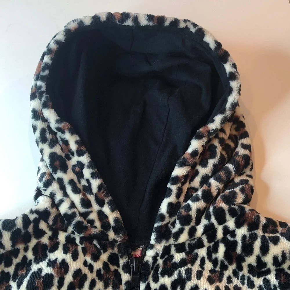 Penelope Mack Velour Leopard Print Hooded Jacket Zip Front Ruffle bottom Girls 5